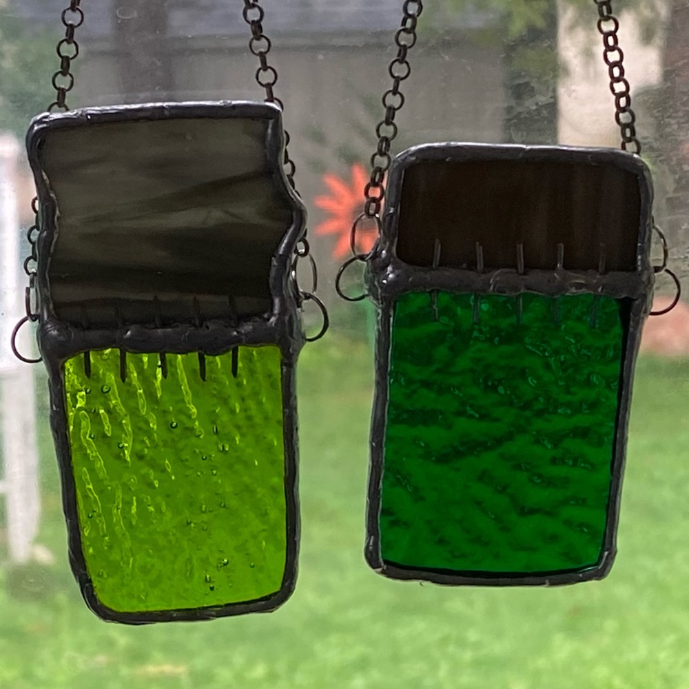 Hand Made Halloween Frankenstein and Bride Stained Glass Set